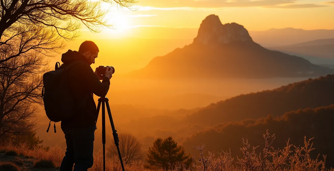 Photographe capturant la lumière dorée d'hiver sur la Montagne Sainte-Victoire