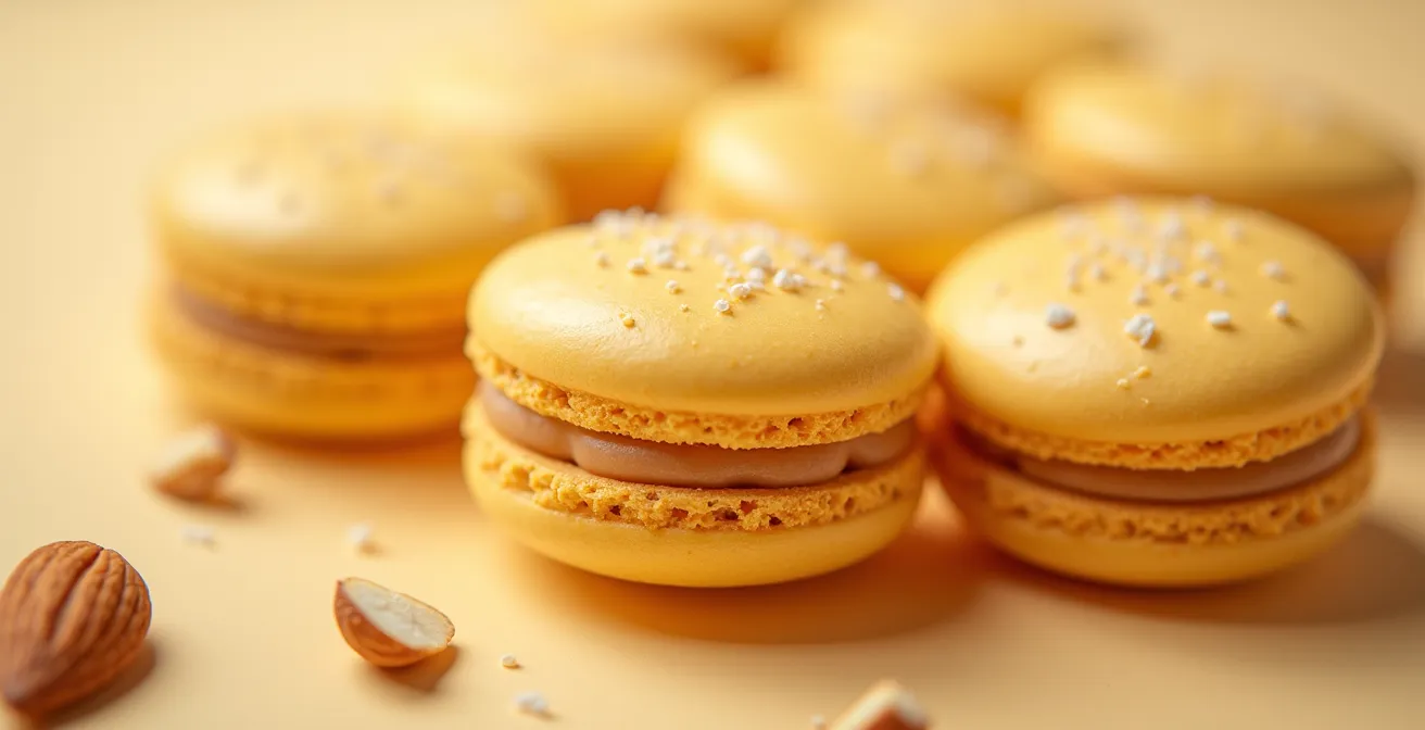 Texture détaillée d'un macaron d'Amiens montrant sa surface granuleuse dorée