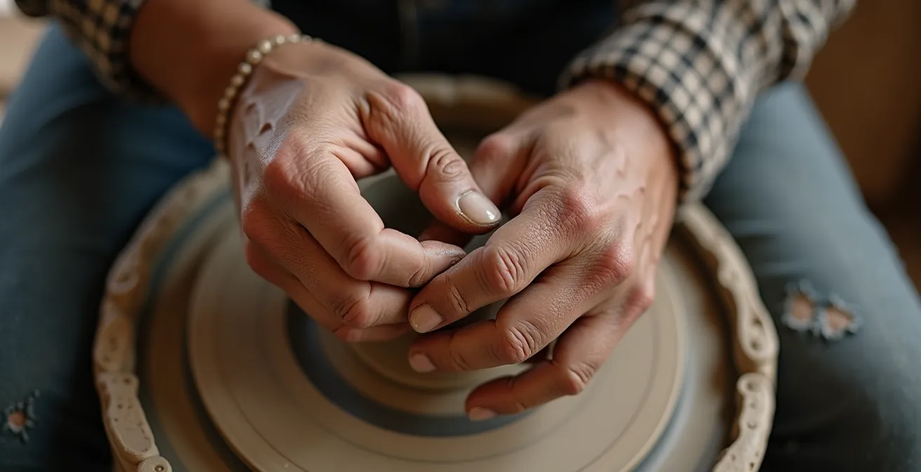 Gros plan sur les mains d'un artisan guidant celles d'un apprenti dans un atelier traditionnel français