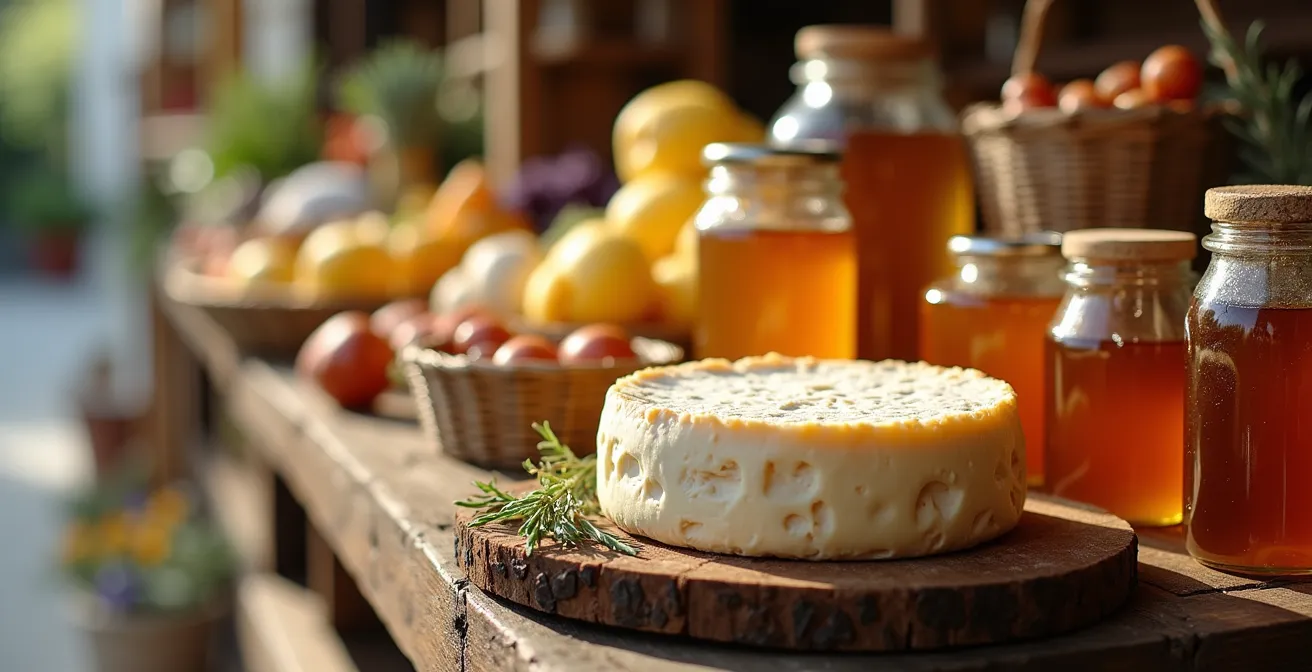 Vue macro d'un étal de marché francilien avec fromages AOP, miels locaux et produits du terroir