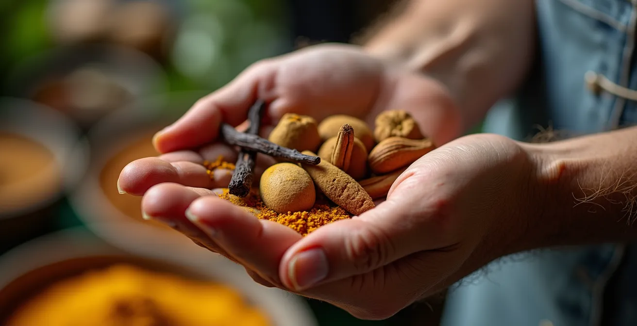 Ambiance intimiste d'un marché aux épices tropical avec ses couleurs et textures