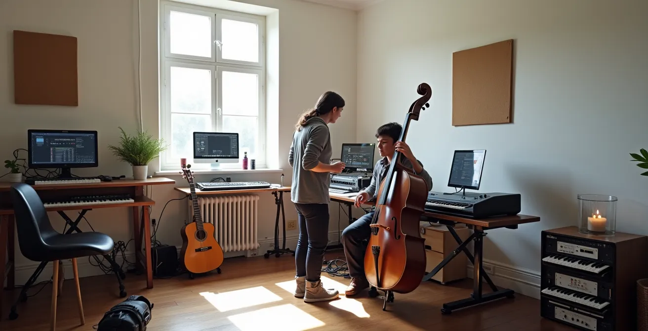 Jeune musicien breton mixant électronique et instruments traditionnels en studio moderne
