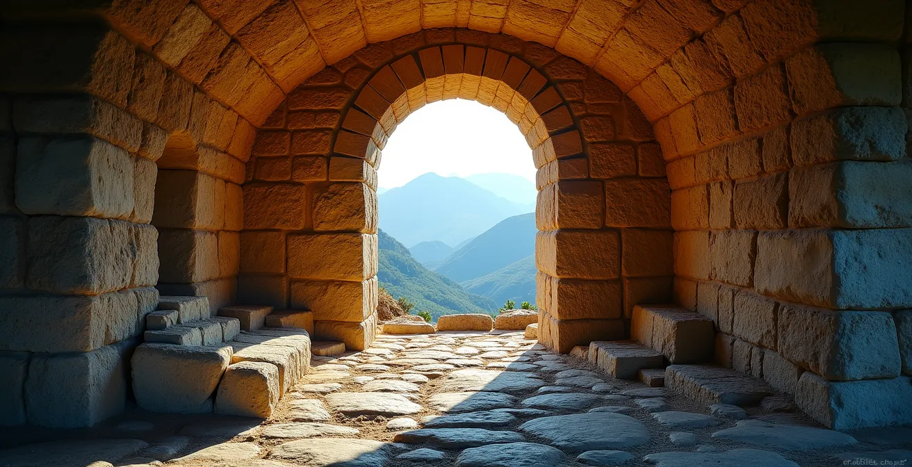 Intérieur d'un oriu traditionnel corse en pierre avec jeu de lumière naturelle filtrant par l'ouverture