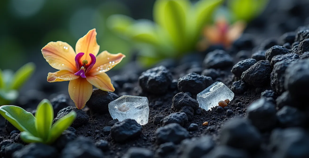 Détail macro de roches volcaniques et plantes endémiques de La Réunion