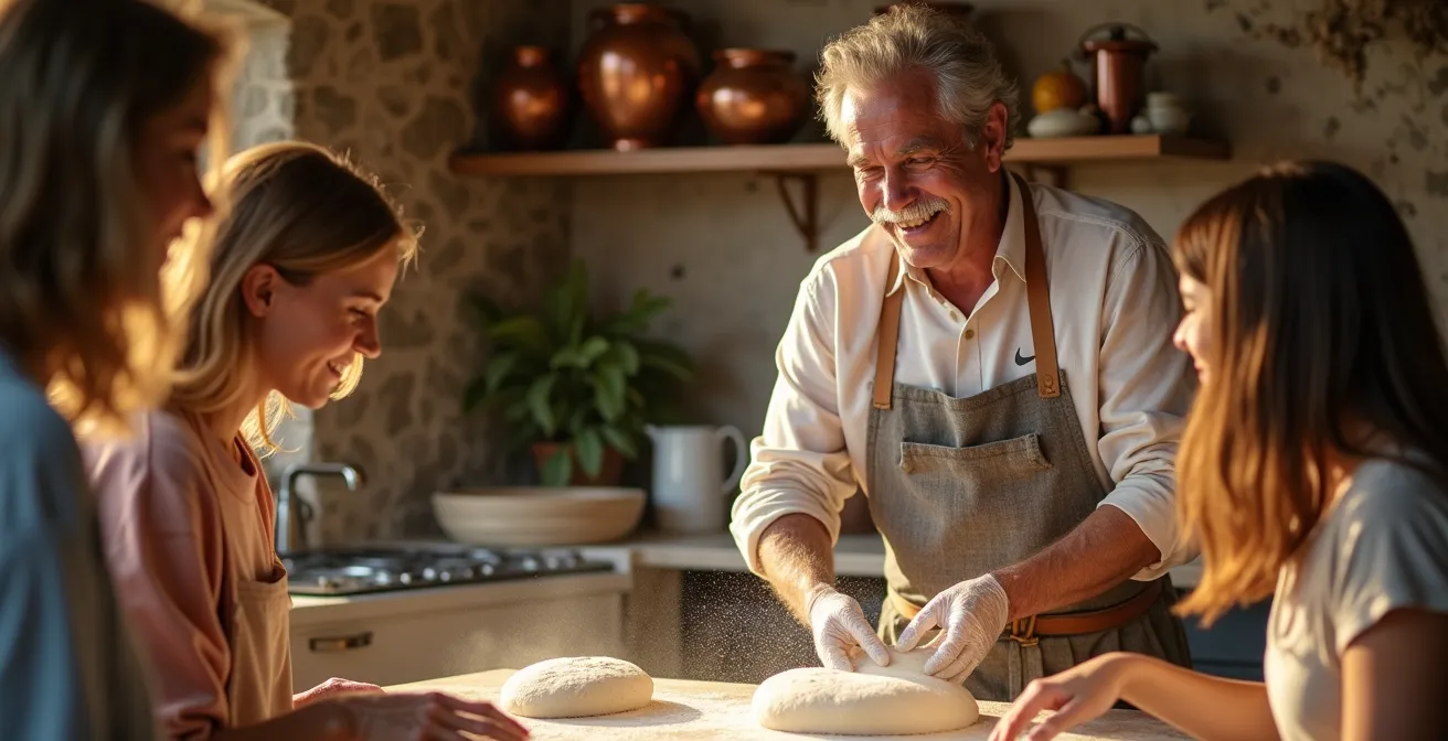 Portrait d'un propriétaire de gîte partageant sa passion avec des visiteurs dans un cadre convivial