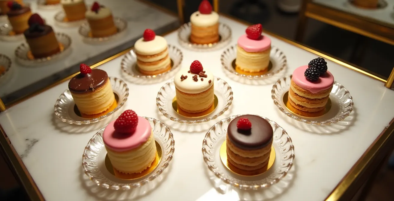 Vue en plongée d'une vitrine de pâtisserie luxueuse avec des créations disposées comme des bijoux