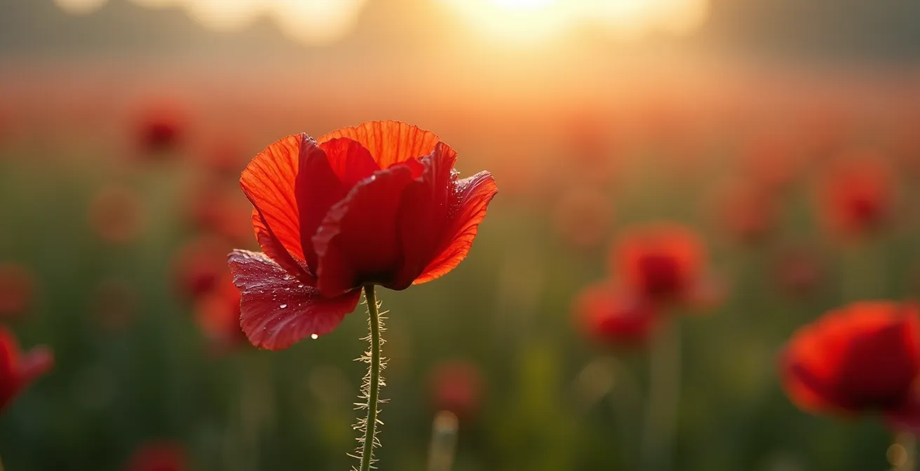 Champ de coquelicots dans les Hauts-de-France avec vestiges de tranchées visibles