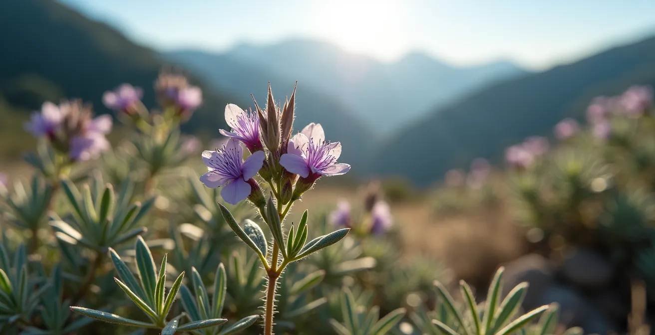 Vue panoramique du maquis corse avec montagnes en arrière-plan sous lumière dorée