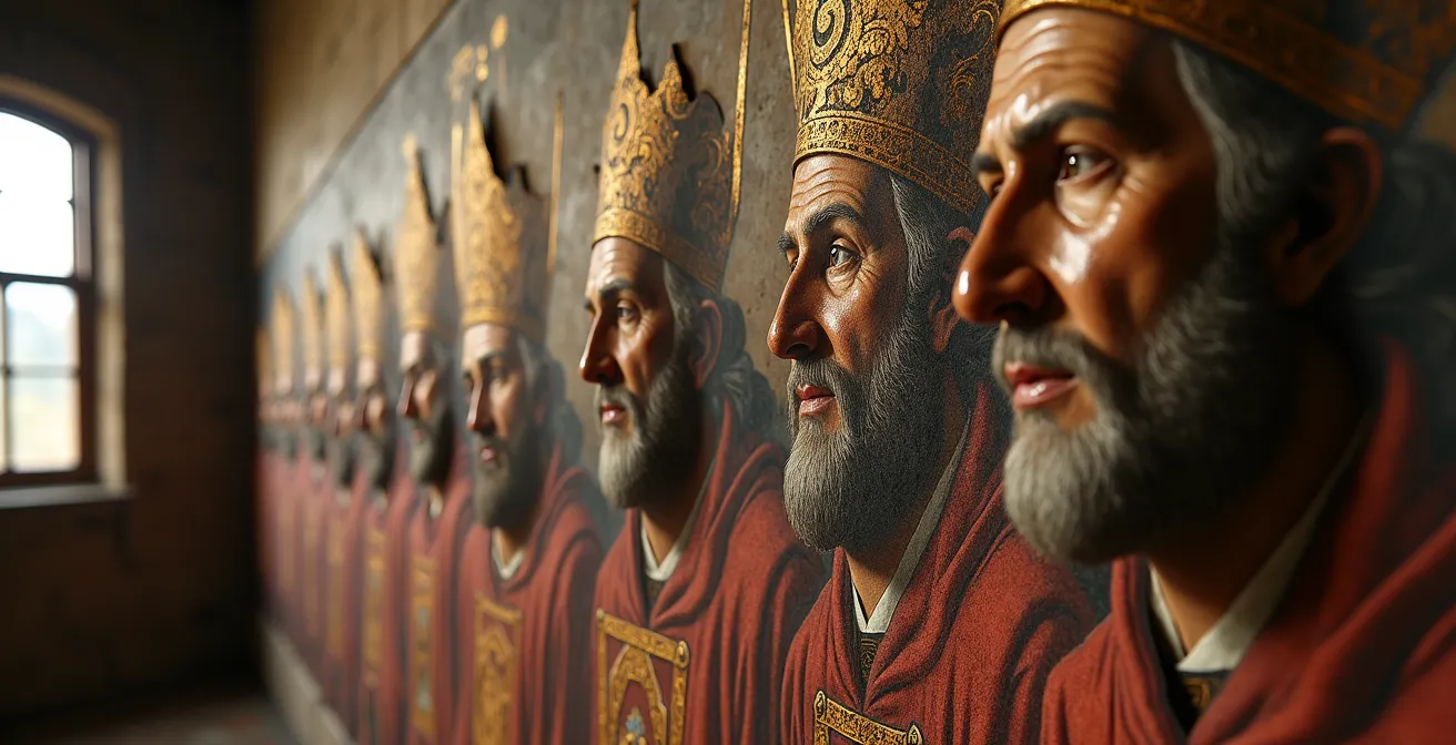 Portrait composite médiéval montrant différents visages de religieux en habits pontificaux, style fresque du XIVe siècle