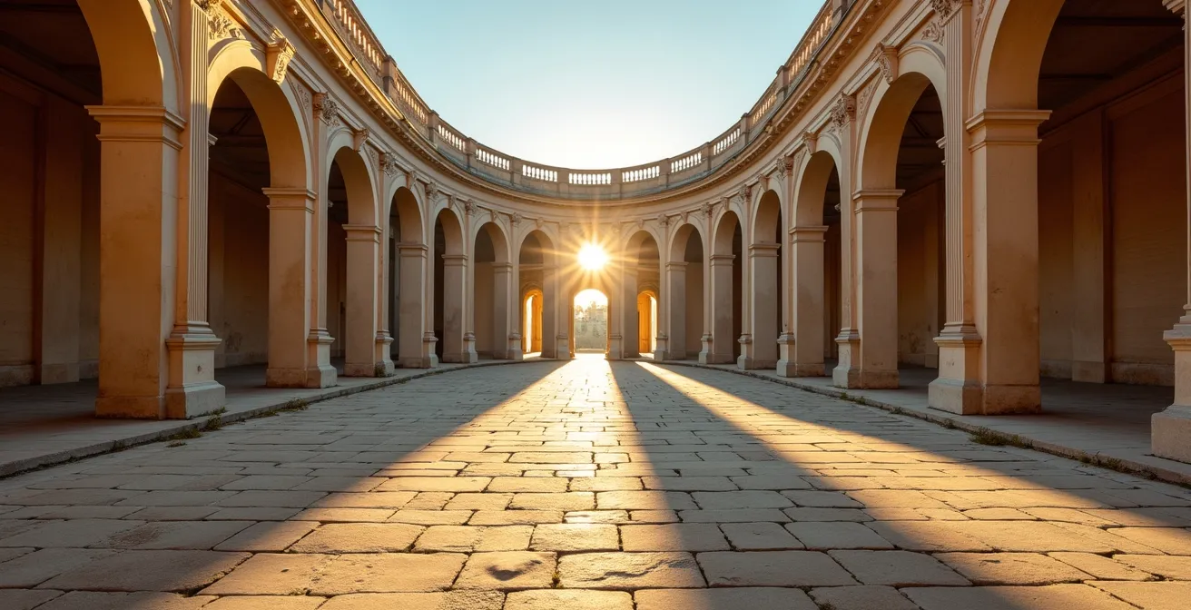 Vue architecturale de la Saline royale d'Arc-et-Senans avec jeu de lumière dramatique sur les colonnes