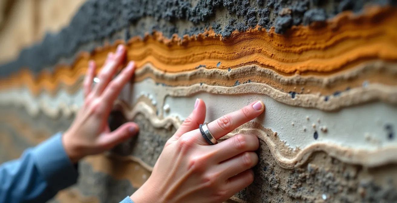Coupe géologique détaillée de la faille de Limagne révélant les différentes couches sédimentaires comme métaphore des générations familiales
