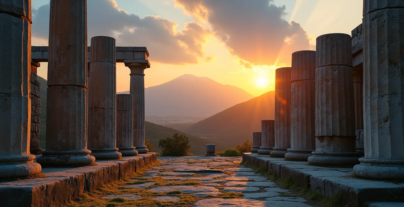 Vestiges du temple de Mercure au sommet du Puy de Dôme avec vue sur la chaîne des volcans