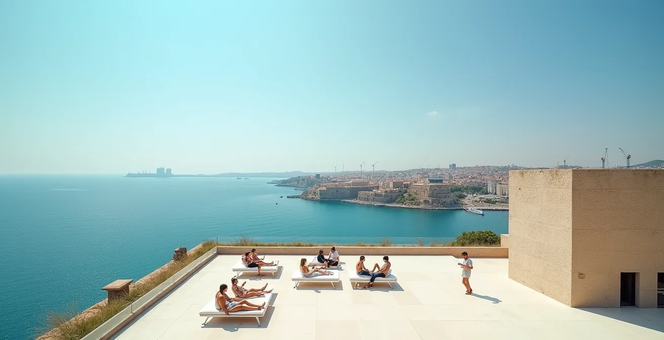 Vue depuis la terrasse du MuCEM montrant le contraste entre la mer touristique et les quartiers populaires de Marseille en arrière-plan