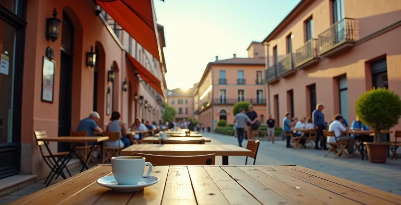 Vue grand angle d'une terrasse avec perspective sur l'architecture traditionnelle occitane