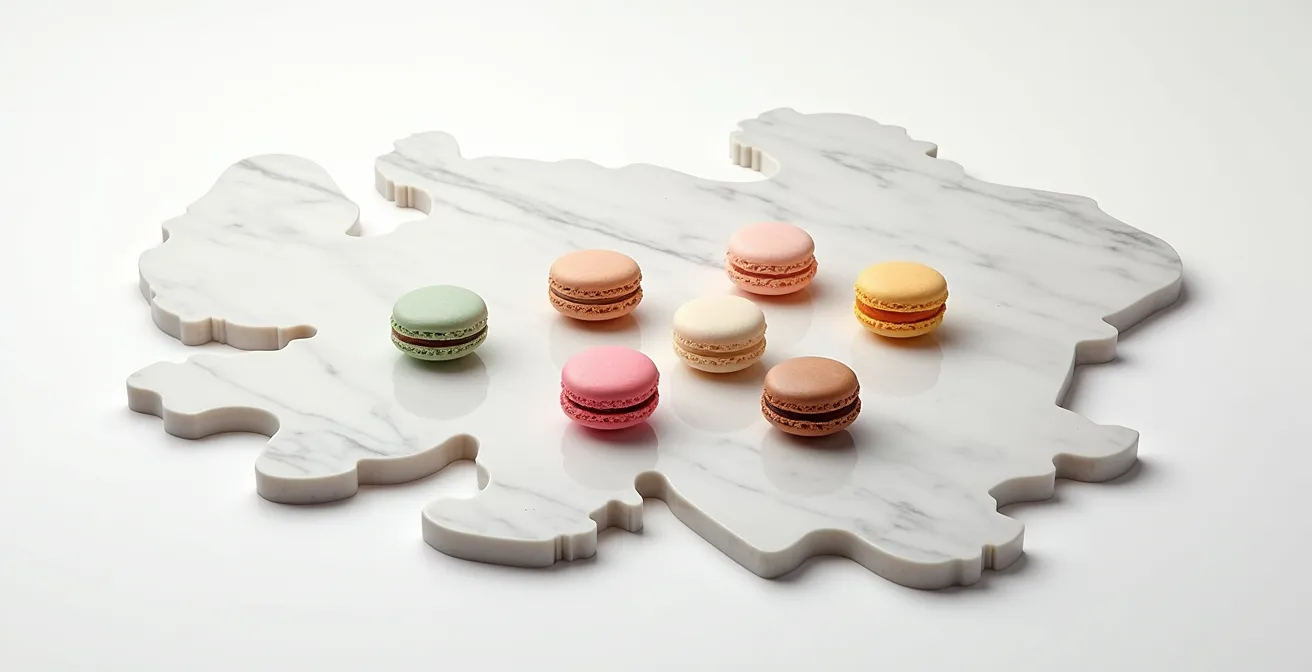 Vue aérienne minimaliste de différents macarons régionaux français disposés sur une carte stylisée