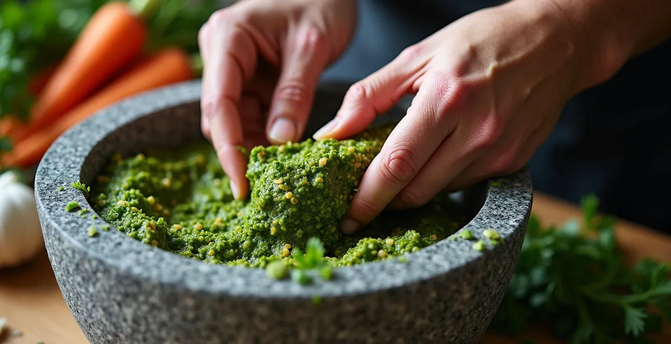 Gros plan sur des mains préparant un pesto de fanes avec mortier et pilon traditionnel